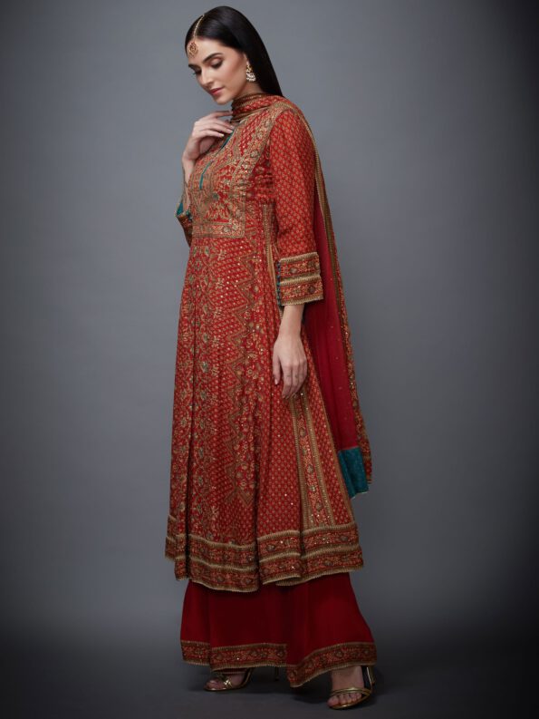 Rust Embroidered Palazzo Suit Set-2